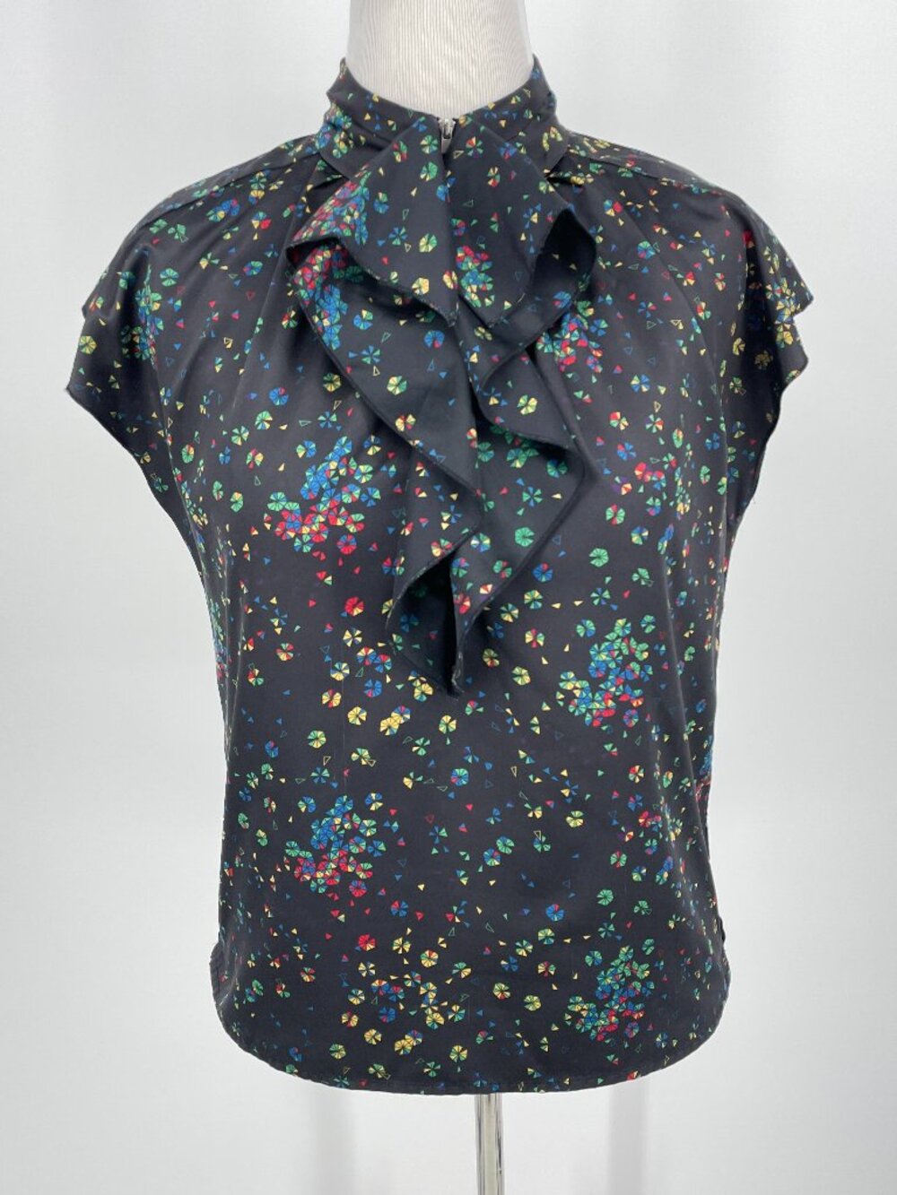 GO International Black Multi Geometric Ruffle Zipper Front Blouse Medium